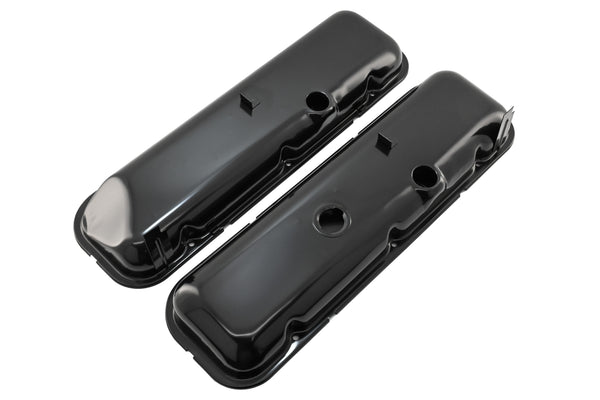 Steel OEM‑Style Short Valve Covers Fits 1965–1972 Chevy BB 396‑427‑454 – Recessed Corner – 1–2 Holes – Black (With Dripper Rails)