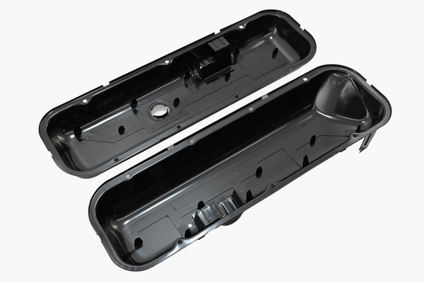 Steel OEM‑Style Short Valve Covers Fits 1965–1972 Chevy BB 396‑427‑454 – Recessed Corner – 1–2 Holes – Black (With Dripper Rails)