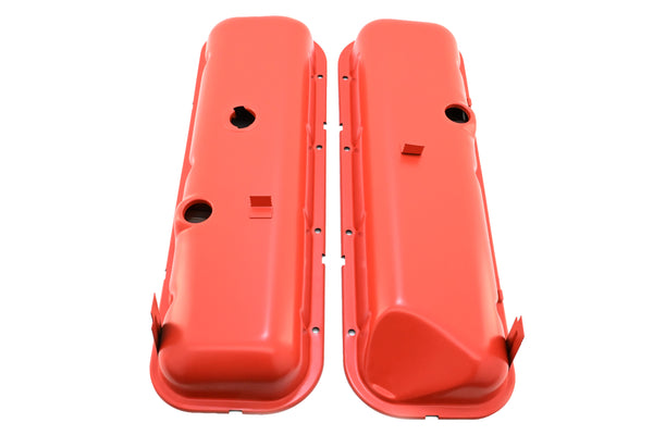 Steel OEM‑Style Short Valve Covers Fits 1965–1972 Chevy BB 396‑427‑454 – Recessed Corner – 1–2 Holes – Orange