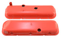 Steel OEM‑Style Short Valve Covers Fits 1965–1972 Chevy BB 396‑427‑454 – Recessed Corner – 1–2 Holes – Orange