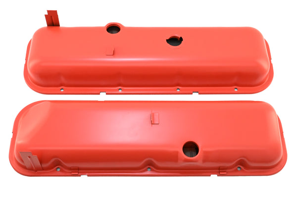 Steel OEM‑Style Short Valve Covers Fits 1965–1972 Chevy BB 396‑427‑454 – Recessed Corner – 1–2 Holes – Orange