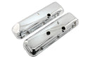 Steel OEM‑Style Short Valve Covers Fits 1965–1972 Chevy BB 396‑427‑454 – Recessed Corner – 1–2 Holes – Chrome (With Dripper Rails)