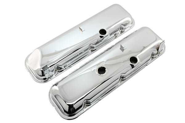 Steel OEM‑Style Short Valve Covers Fits 1965–1972 Chevy BB 396‑427‑454 – Recessed Corner – 1–2 Holes – Chrome (With Dripper Rails)