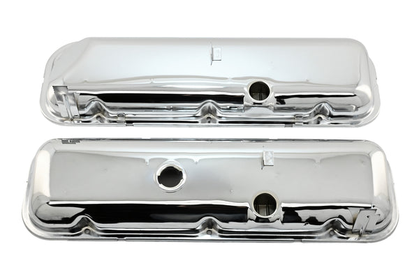 Steel OEM‑Style Short Valve Covers Fits 1965–1972 Chevy BB 396‑427‑454 – Recessed Corner – 1–2 Holes – Chrome (With Dripper Rails)