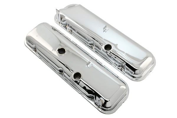 Steel OEM‑Style Short Valve Covers Fits 1965–1972 Chevy BB 396‑427‑454 – Recessed Corner – 1–2 Holes – Chrome (With Dripper Rails)