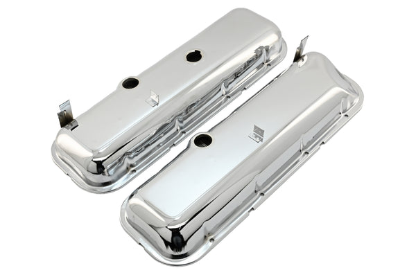 Steel OEM‑Style Short Valve Covers Fits 1965–1972 Chevy BB 396‑427‑454 – Recessed Corner – 1–2 Holes – Chrome (With Dripper Rails)
