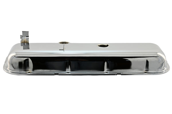 Steel OEM‑Style Short Valve Covers Fits 1965–1972 Chevy BB 396‑427‑454 – Recessed Corner – 1–2 Holes – Chrome (With Dripper Rails)