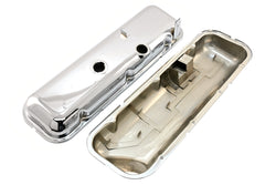 Steel OEM‑Style Short Valve Covers Fits 1965–1972 Chevy BB 396‑427‑454 – Recessed Corner – 1–2 Holes – Chrome (With Dripper Rails)
