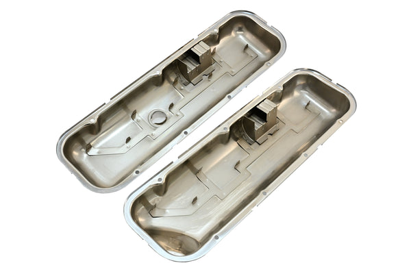 Steel OEM‑Style Short Valve Covers Fits 1965–1972 Chevy BB 396‑427‑454 – Recessed Corner – 1–2 Holes – Chrome (With Dripper Rails)