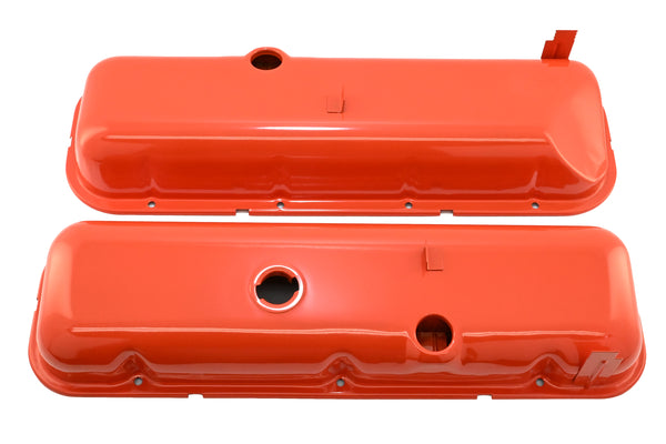 Steel OEM‑Style Tall Valve Covers Fits 1965–1972 Chevy BB 396‑427‑454 – Recessed Corner – 1–2 Holes – Orange