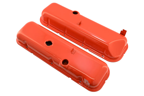 Steel OEM‑Style Tall Valve Covers Fits 1965–1972 Chevy BB 396‑427‑454 – Recessed Corner – 1–2 Holes – Orange
