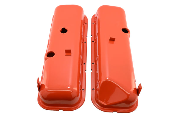 Steel OEM‑Style Tall Valve Covers Fits 1965–1972 Chevy BB 396‑427‑454 – Recessed Corner – 1–2 Holes – Orange