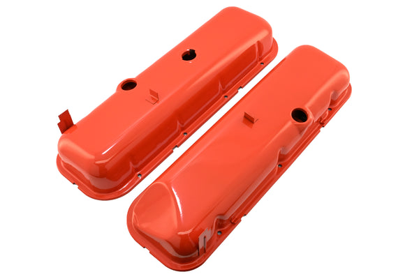 Steel OEM‑Style Tall Valve Covers Fits 1965–1972 Chevy BB 396‑427‑454 – Recessed Corner – 1–2 Holes – Orange