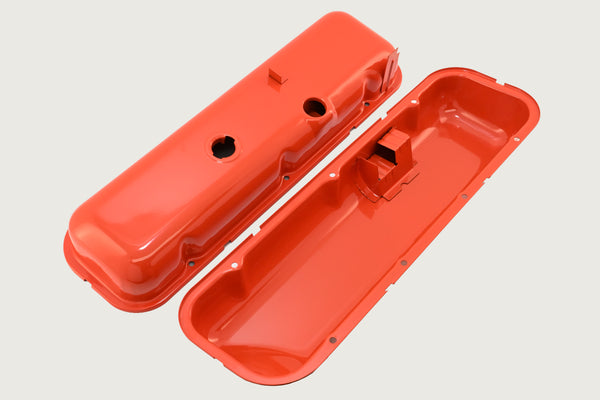 Steel OEM‑Style Tall Valve Covers Fits 1965–1972 Chevy BB 396‑427‑454 – Recessed Corner – 1–2 Holes – Orange