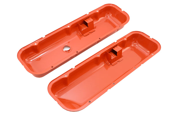 Steel OEM‑Style Tall Valve Covers Fits 1965–1972 Chevy BB 396‑427‑454 – Recessed Corner – 1–2 Holes – Orange