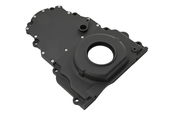 ALUMINUM CHEVY LS TWO PIECE TIMING CHAIN COVER W CAM SENSOR HOLE - BLACK