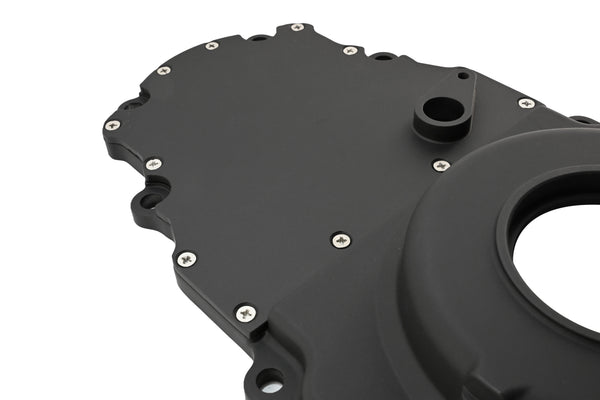 ALUMINUM CHEVY LS TWO PIECE TIMING CHAIN COVER W CAM SENSOR HOLE - BLACK