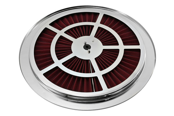 Cotton Universal Top-Flow Round Washable Air Cleaner Top – Red Filter with Chrome Ring