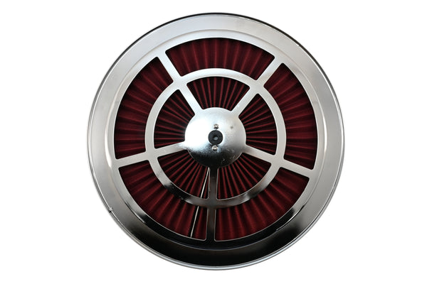 Cotton Universal Top-Flow Round Washable Air Cleaner Top – Red Filter with Chrome Ring