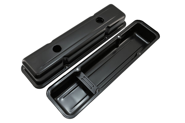 STEEL 1958-86 CHEVY SB 283-400 1 HOLE / 2 HOLE SCREW IN SHORT VALVE COVERS -BAFFLED-BLACK