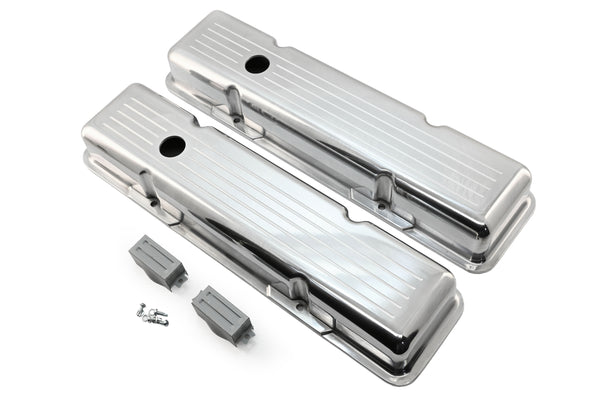 Polished Aluminum Ball Milled Valve Covers – Fits 1958–1986 Chevy Small Block 283 / 305 / 327 / 350 / 400 – Short Style – Baffled