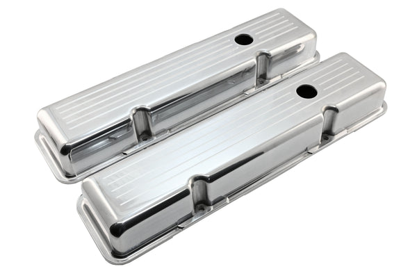 Polished Aluminum Ball Milled Valve Covers – Fits 1958–1986 Chevy Small Block 283 / 305 / 327 / 350 / 400 – Short Style – Baffled
