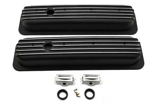 Aluminum 1987–97 Chevy Short Valve Covers Center Bolt – Full Finned – Black