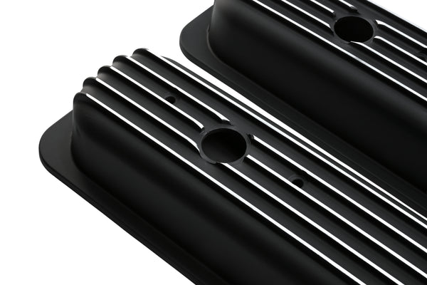 Aluminum 1987–97 Chevy Short Valve Covers Center Bolt – Full Finned – Black