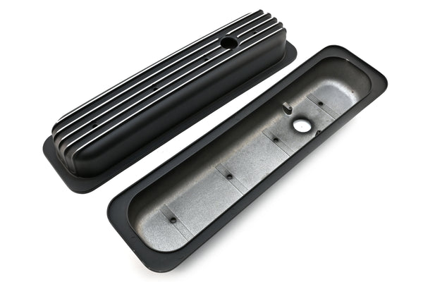 Aluminum 1987–97 Chevy Short Valve Covers Center Bolt – Full Finned – Black