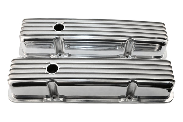 Aluminum Tall Valve Covers Fits 1958–86 Chevy Small Block 283/305 / 327/350 / 383/400 – Full Finned – Polished Finish