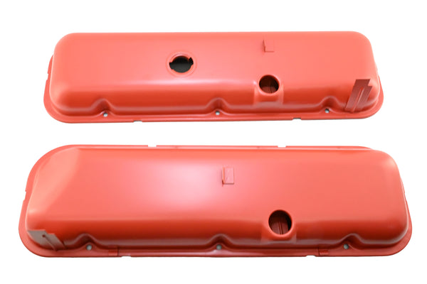 1965-72 CHEVY BIG BLOCK 396-427-454 SHORT OEM STYLE STEEL VALVE COVERS W- DRIPPER RAILS - ORANGE