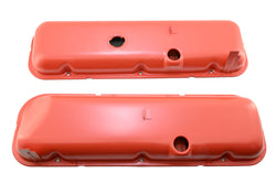 Steel OEM‑Style Short Valve Covers Fits 1965–1972 Big Block Chevy BBC 396‑427‑454 – Recessed Corner – 1–2 Holes – Orange (With Dripper Rails)
