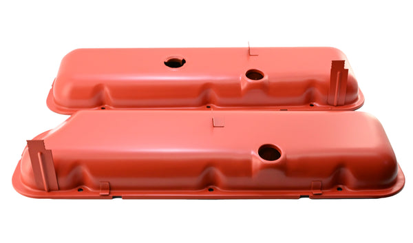 Steel OEM‑Style Short Valve Covers Fits 1965–1972 Big Block Chevy BBC 396‑427‑454 – Recessed Corner – 1–2 Holes – Orange (With Dripper Rails)