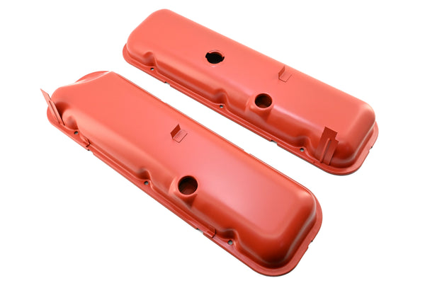 Steel OEM‑Style Short Valve Covers Fits 1965–1972 Big Block Chevy BBC 396‑427‑454 – Recessed Corner – 1–2 Holes – Orange (With Dripper Rails)