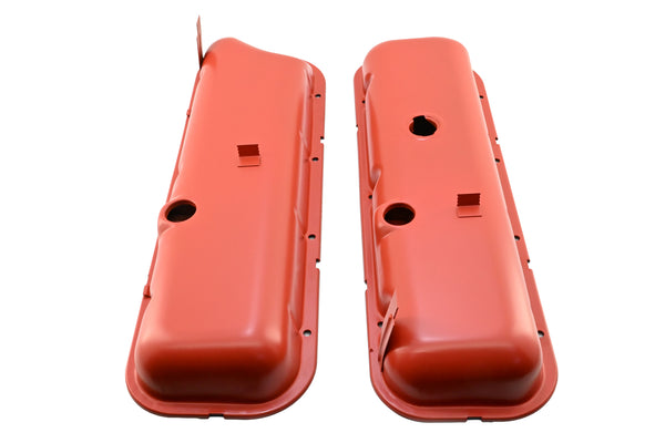 Steel OEM‑Style Short Valve Covers Fits 1965–1972 Big Block Chevy BBC 396‑427‑454 – Recessed Corner – 1–2 Holes – Orange (With Dripper Rails)