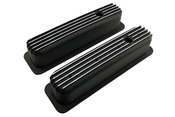 Aluminum 1987–97 Chevy Center Bolt Tall Valve Covers – Finned – Black