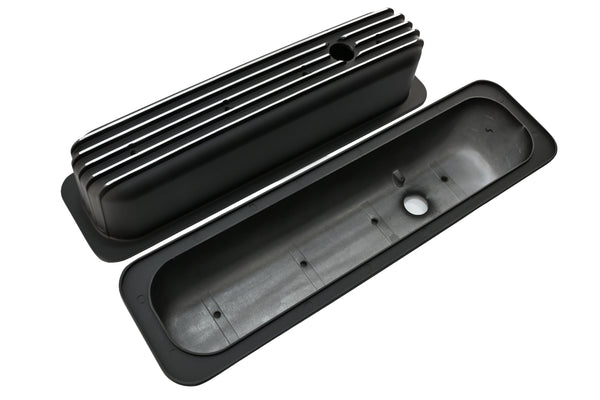 Aluminum 1987–97 Chevy Center Bolt Tall Valve Covers – Finned – Black