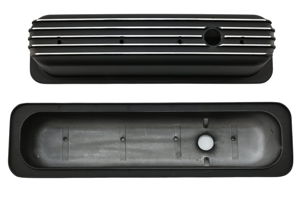Aluminum 1987–97 Chevy Center Bolt Tall Valve Covers – Finned – Black