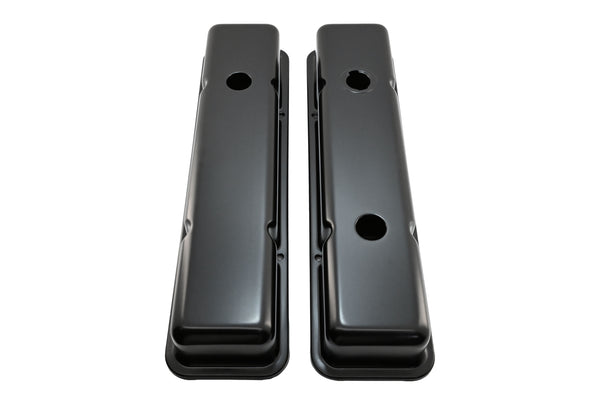 STEEL 1958-86 CHEVY SB 283-305-327-350-400 SHORT VALVE COVERS – 1 Hole / 2 Hole, Baffled-Black