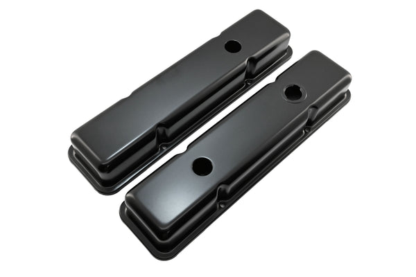 STEEL 1958-86 CHEVY SB 283-305-327-350-400 SHORT VALVE COVERS – 1 Hole / 2 Hole, Baffled-Black