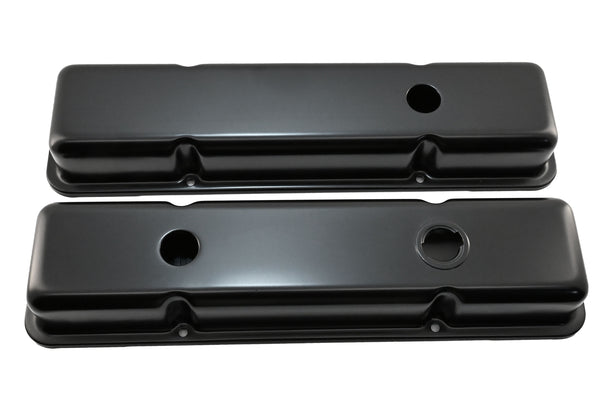STEEL 1958-86 CHEVY SB 283-305-327-350-400 SHORT VALVE COVERS – 1 Hole / 2 Hole, Baffled-Black