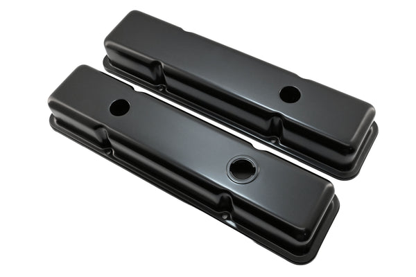 STEEL 1958-86 CHEVY SB 283-305-327-350-400 SHORT VALVE COVERS – 1 Hole / 2 Hole, Baffled-Black