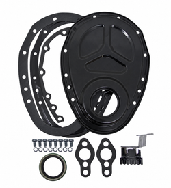 Steel Timing Chain Cover Set for Chevy Small Block 283–350 - 2-Piece SBC Timing Cover Kit - Black
