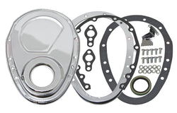 1955-65 CHEVY SMALL BLOCK 283-305-327-350-400 STEEL 2-PIECE TIMING CHAIN COVER SET - CHROME