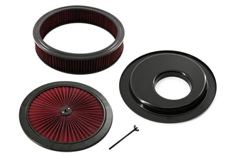14" Black Steel Air Cleaner Set - Red Cotton Washable Air Cleaner Filter - Off-Set Base, Compatible with Chevy/GM