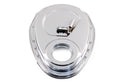 1955-95 CHEVY SMALL BLOCK 283-305-327-350-400 STEEL TIMING CHAIN COVER W- TIMING TAB - CHROME
