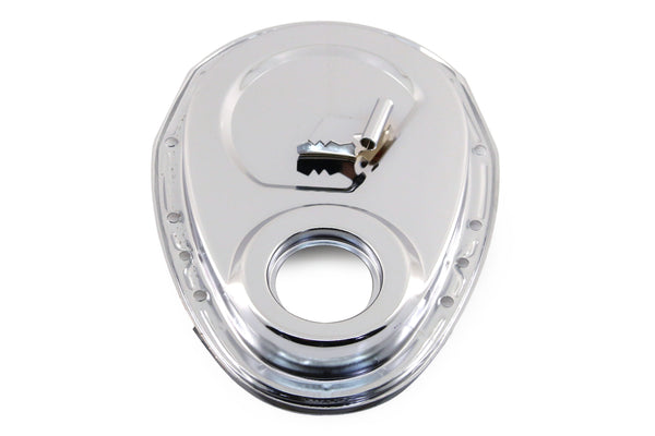 1955-95 CHEVY SMALL BLOCK 283-305-327-350-400 STEEL TIMING CHAIN COVER W- TIMING TAB - CHROME