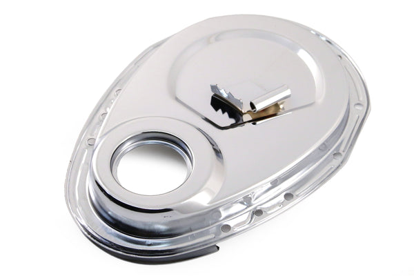 1955-95 CHEVY SMALL BLOCK 283-305-327-350-400 STEEL TIMING CHAIN COVER W- TIMING TAB - CHROME