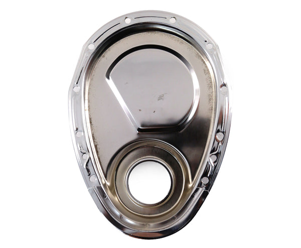 1955-95 CHEVY SMALL BLOCK 283-305-327-350-400 STEEL TIMING CHAIN COVER W- TIMING TAB - CHROME