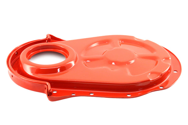 Painted Orange Steel Timing Chain Cover Set with Timing Tab – Chevy Big Block 396–454 (1966–1990)